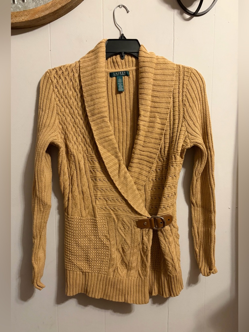 Ralph Lauren Mustard Shawl-Collar Belted Cable-Knit Cardigan